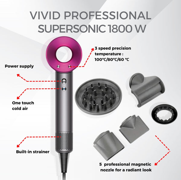 VIVID Professional airflow Salon Leafless DYSON Supersonic design Blower Fast Hairdryer 1500-1800W, 3 precise speed ,4 precise heat settings with 5 Magnetic attachments for quick drying and efficient styling. RED.