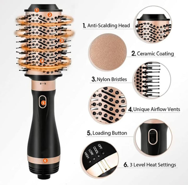 VIVID Professional Blow-dry Hot Air Heated Volumizer Hairdryer Brush,3 Adjustable Temperature,2 unique oval Brush Heads for mid to long hair, Anti-frizz Ceramic Barrel for Fast Drying and Styling.