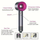 VIVID Professional airflow Salon Leafless DYSON Supersonic design Blower Fast Hairdryer 1500-1800W, 3 precise speed ,4 precise heat settings with 5 Magnetic attachments for quick drying and efficient styling. FUCHSIA